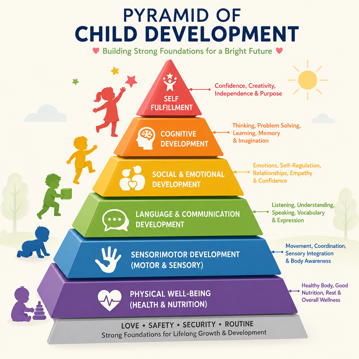 Pyramid of Child Development showing physical well-being, sensorimotor, language, social, cognitive and self-fulfilment development